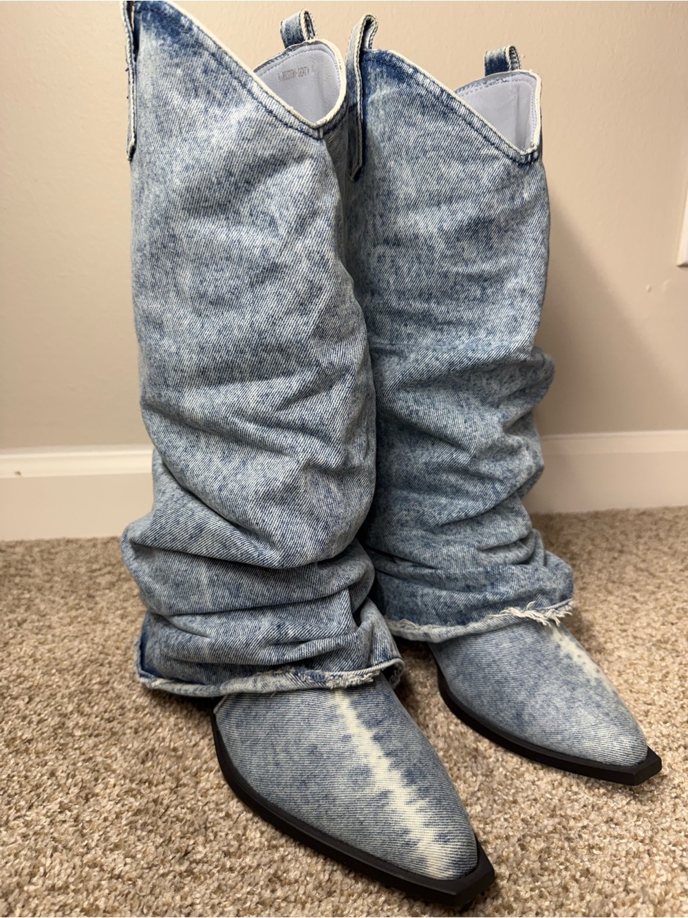 AKIRA Light Blue Acid Wash Denim Slouchy Pointed Cowboy Boots